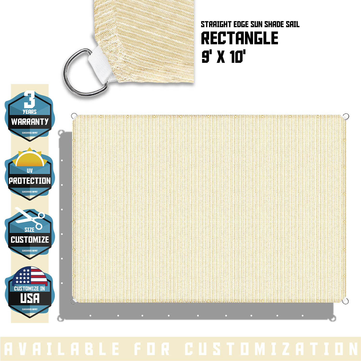 Customize Straight Edge Waterproof Sun Shade Sail UV locker Patio Pool Cover 10' 