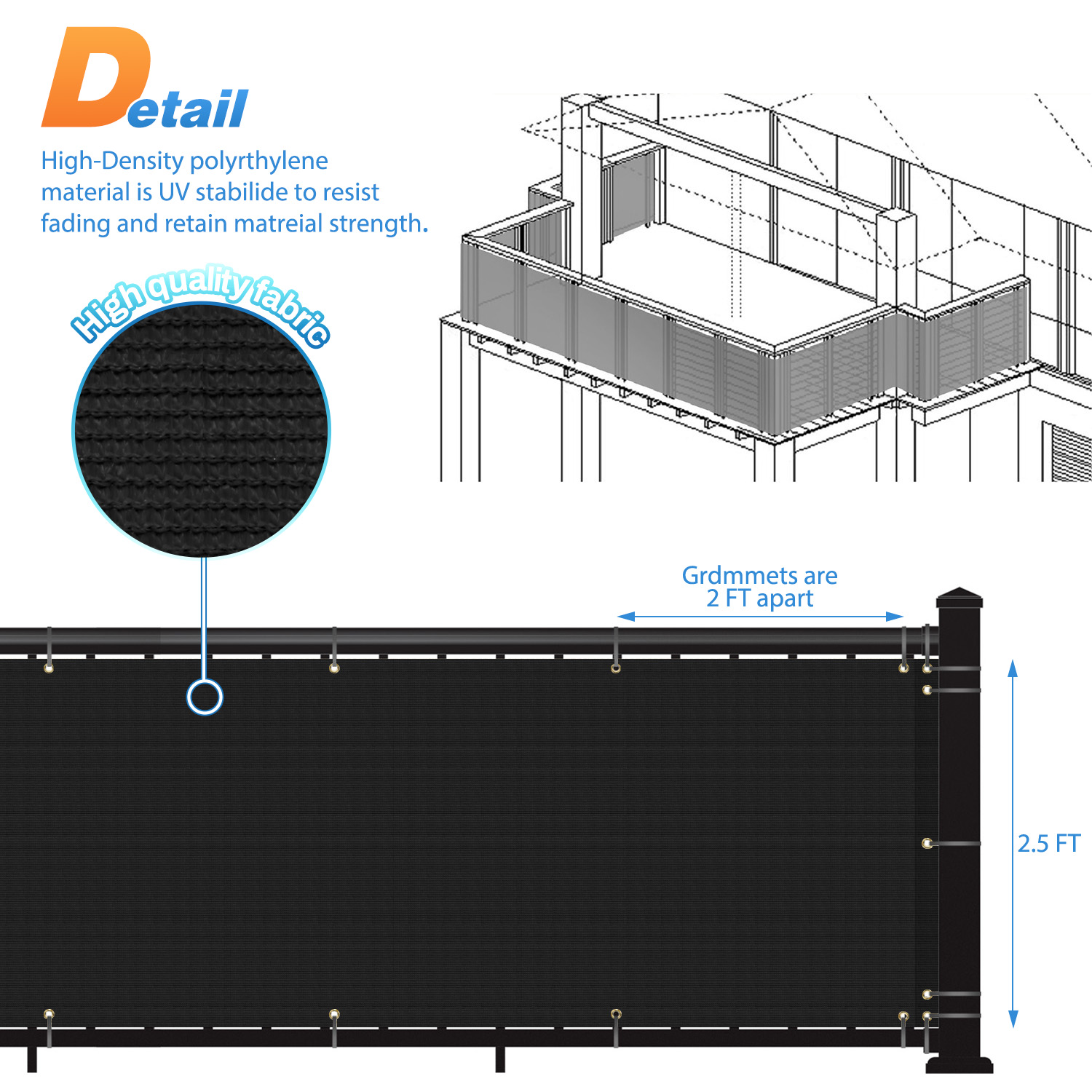 30in Tall Balcony Fence Privacy Screen for Apartment Windshield Mesh ...